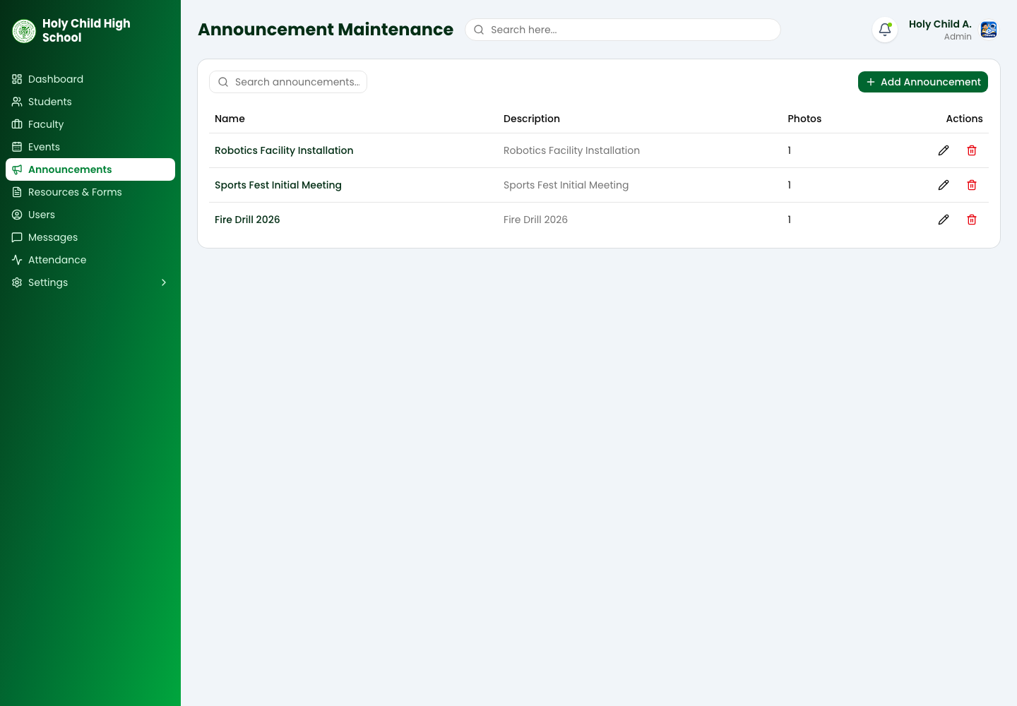 School announcement management page with robotics, sports fest, and fire drill updates