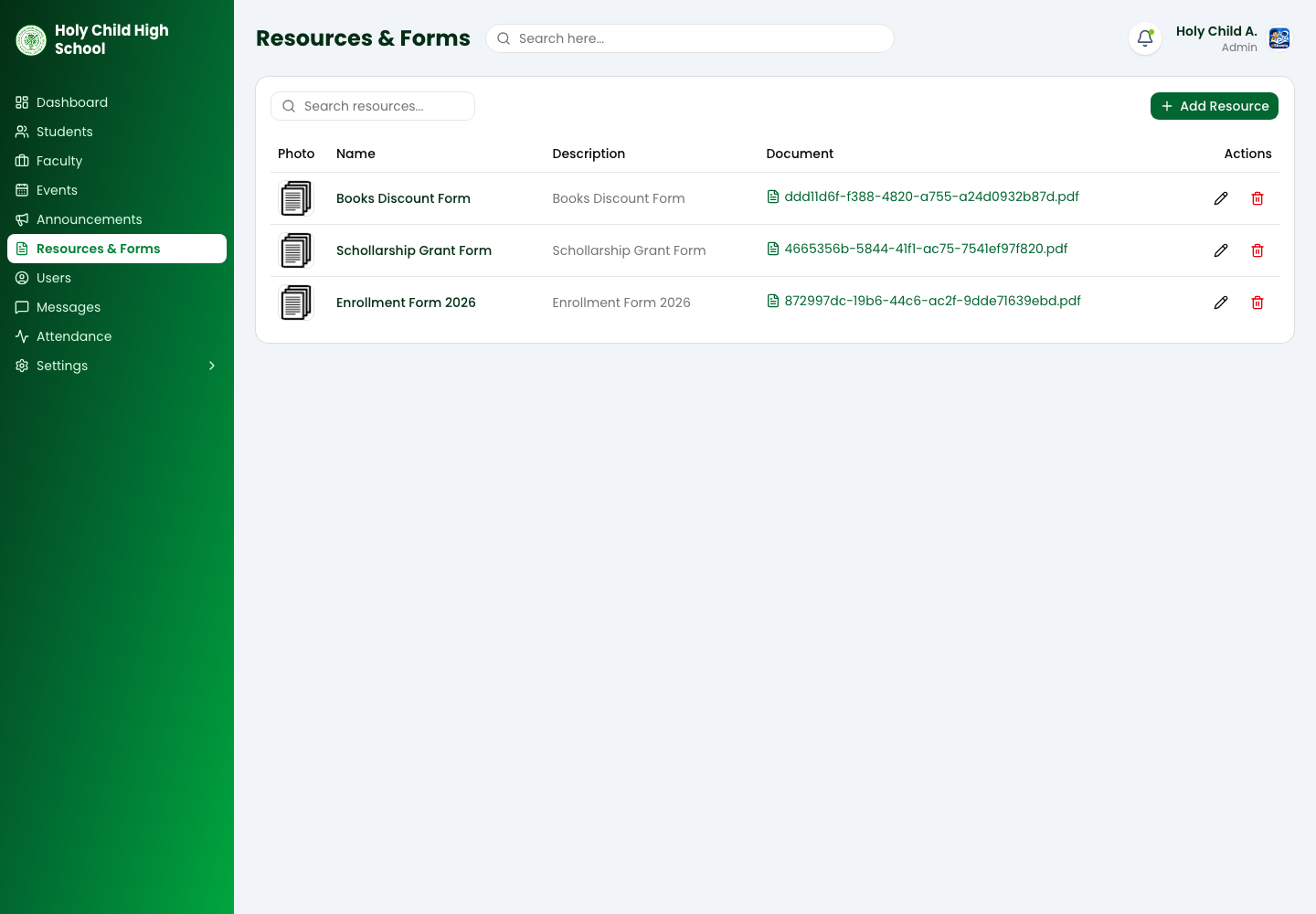 eSkwela resources page with school forms and downloadable documents