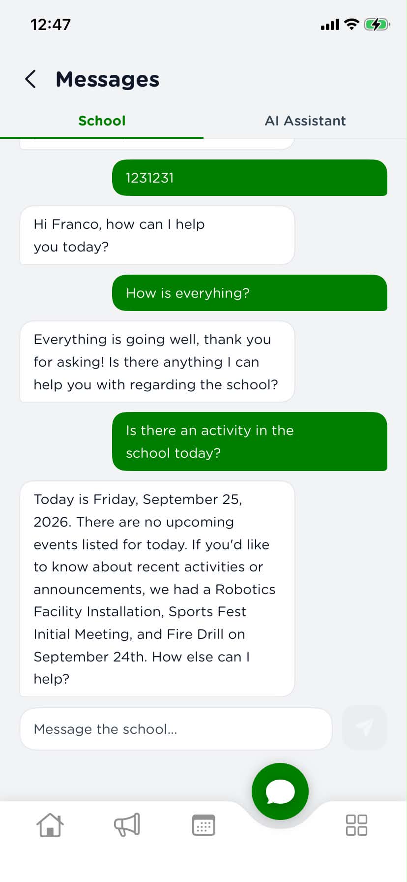 eSkwela School AI Assistant answering a question about school activities