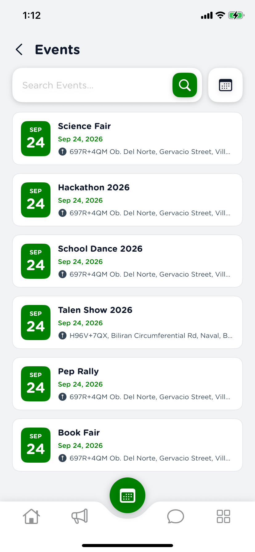 HCHS iOS app events screen showing school activities