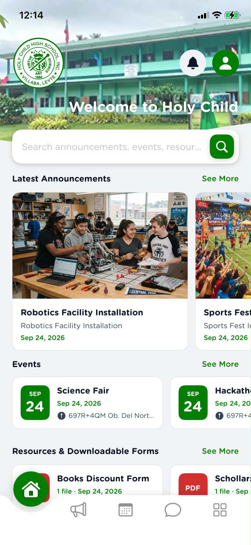 HCHS school mobile app home screen showing announcements, events, and resources