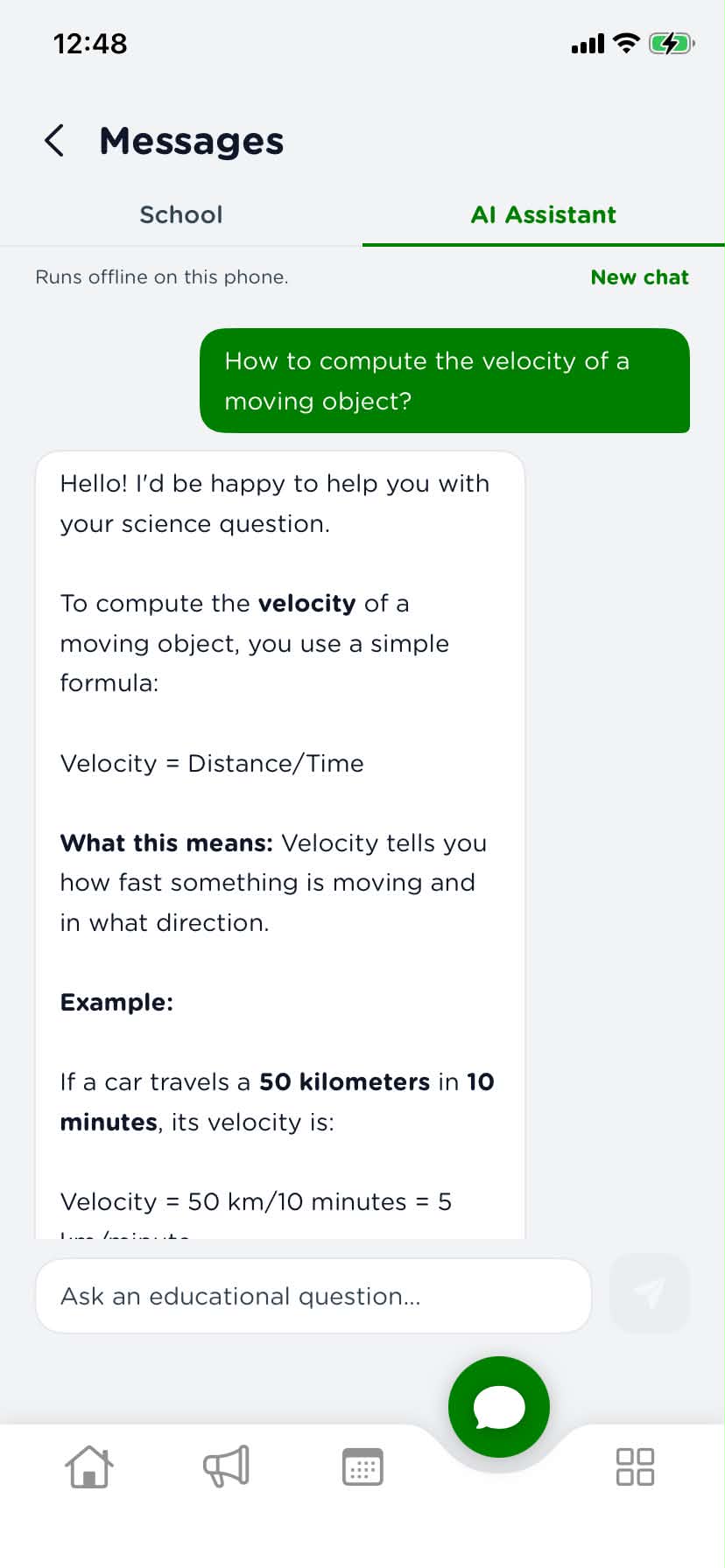 Offline eSkwela AI Assistant explaining how to calculate velocity